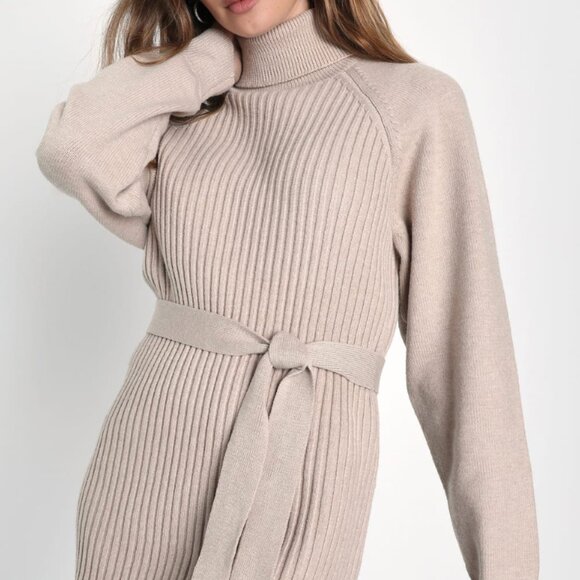 NWT Lulu’s Beige Ribbed Knit Turtleneck Mini Dress - Picture 1 of 5